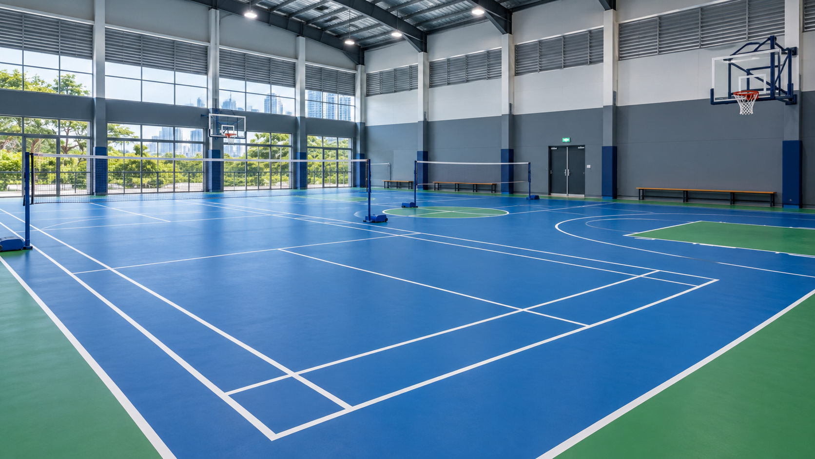 Indoor multipurpose sports court flooring with badminton and basketball line markings